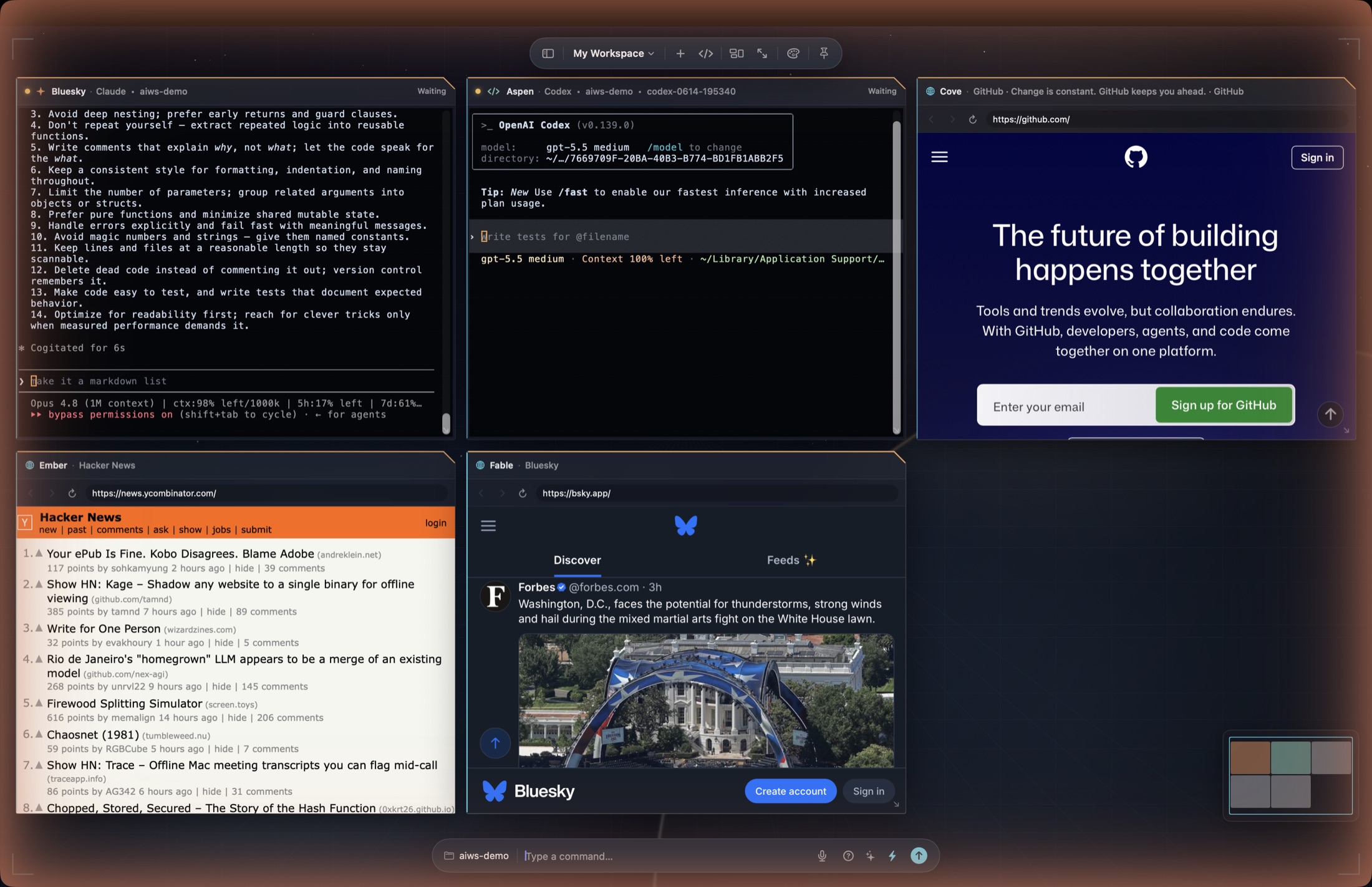 The AIWorkstation canvas with coding-agent terminals and browser nodes